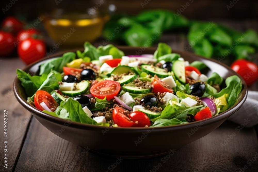 fresh salad with lettuce, tomatoes, cucumber, and olives