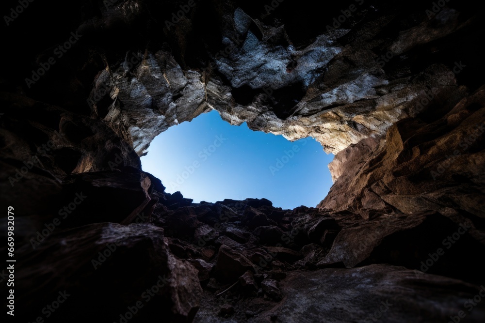 glimpses of sky visible from a deep cave shaft