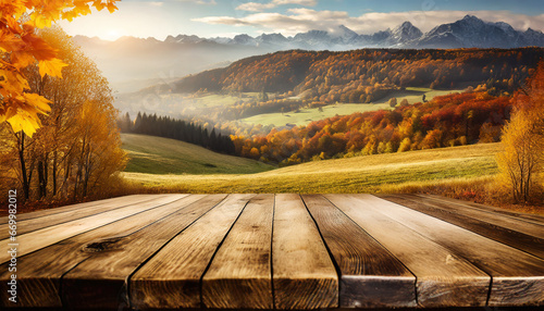 wood table in autumn landscape with empty copy space for product display
