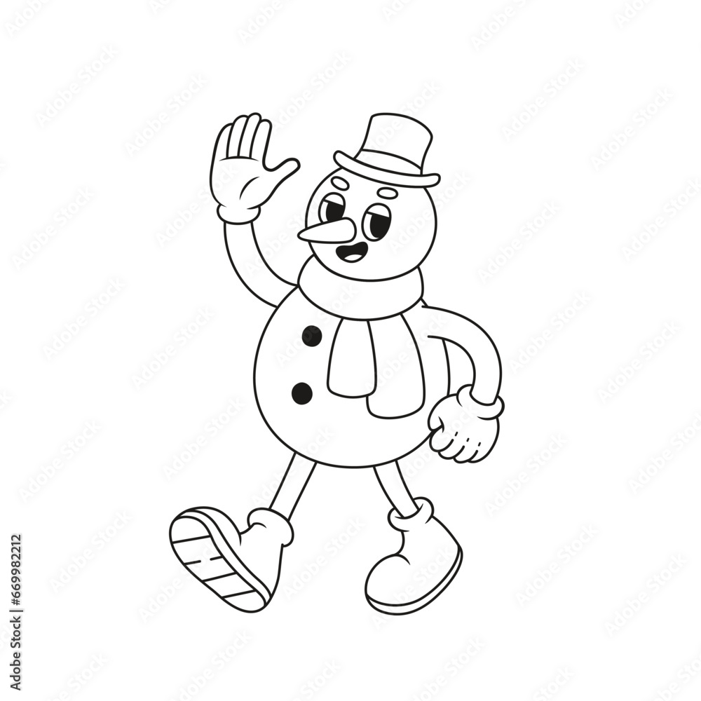 Funny retro snowman character. Vector illustration in line style. Funny retro snowman character. Vector illustration in line style.