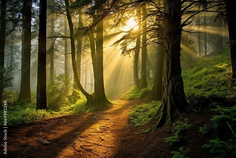 A misty forest path with sunlight filtering through the trees. Generative AI