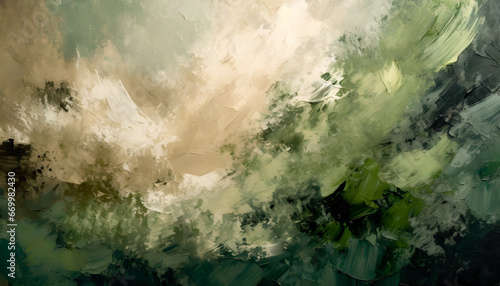 abstract oil painting of a cream and beige dust colored paint colliding with a dark forest green paint gradient in the bottom of the image heavy brushstrokes