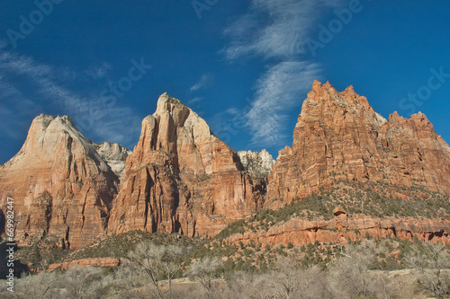 Springdale, Utah, United States – January 17 2006: The Court of the Patriarchs is a sandstone cliff on the south face of the Three Patriarchs in Zion Canyon, Zion National Park.
