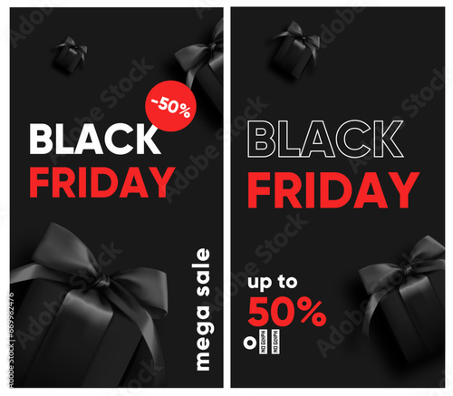 Black friday sale for social media, instagram stories and post, mobile app, banners, cards. Set of 2 stories template with gift box.