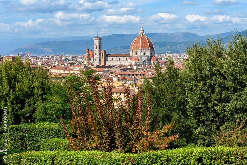 Santa Maria del Fiore cathedral (Duomo) over city center, Florence, Italy