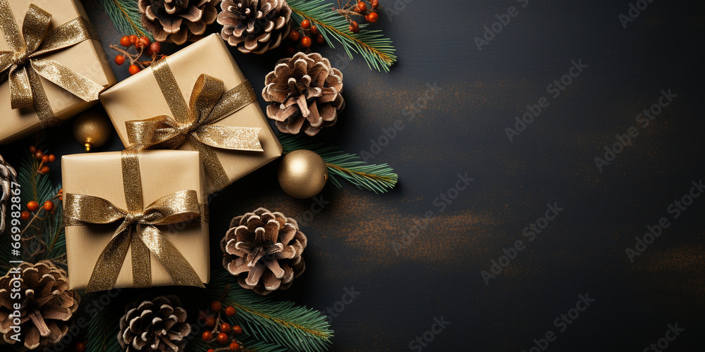 Christmas New Year card background with fir branches, cones, balls, gift box and ribbons. Flat lay with empty copy space