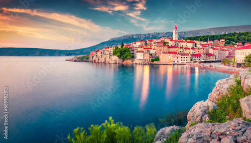 breathtaking evening cityscape of vrbnik town dramatic summer seascape of adriatic sea krk island croatia europe beautiful world of mediterranean countries traveling concept background photo