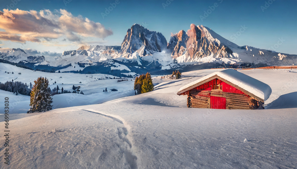 christmas postcard with red chalet perfect winter view of alpe di siusi village with plattkofel peak on background exciting morning view of dolomite alps wonderful outdoor scene of ityaly europe - obrazy, fototapety, plakaty 