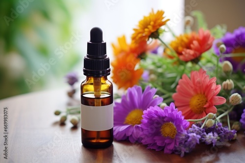 a bloom of flowers accompanied by an antihistamine bottle photo