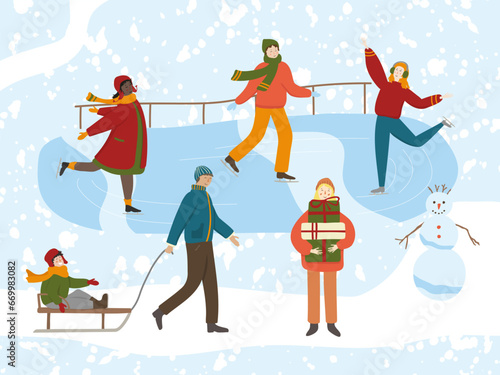 Winter ice rink illustration with happy people. Vector men and women skating, girl standing with Christmas gift boxes, father pulling sled with smiling kid. Wintertime outdoor activities background