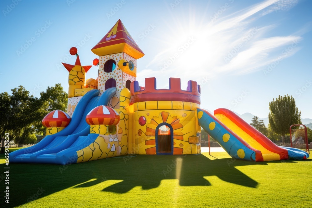 a cartoon-themed inflatable castle in sunlit park