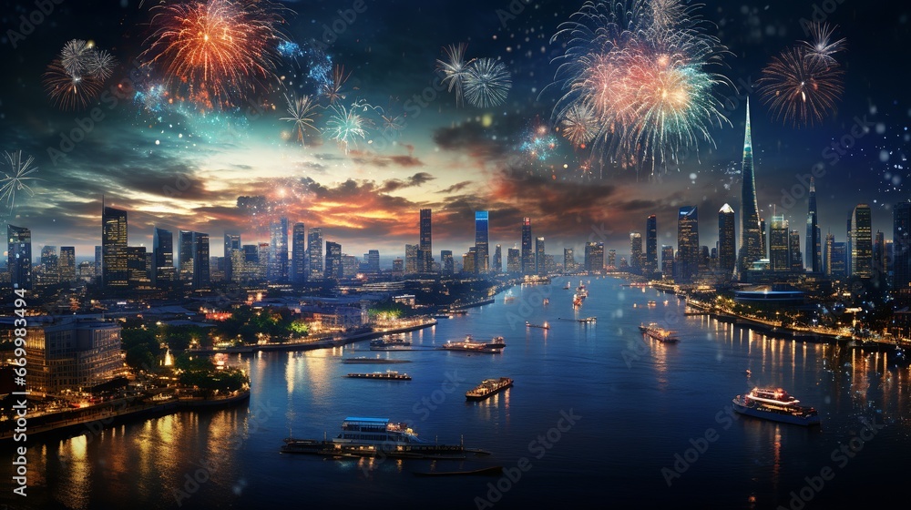 Fototapeta premium New Year Eve Firworks with Skyline