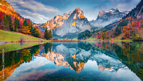 landscape photography attractive morning view of swiss alps santis peak reflected in the calm surface of pure water of lake spectacular autumn scene of seealpsee lake switzerland photo
