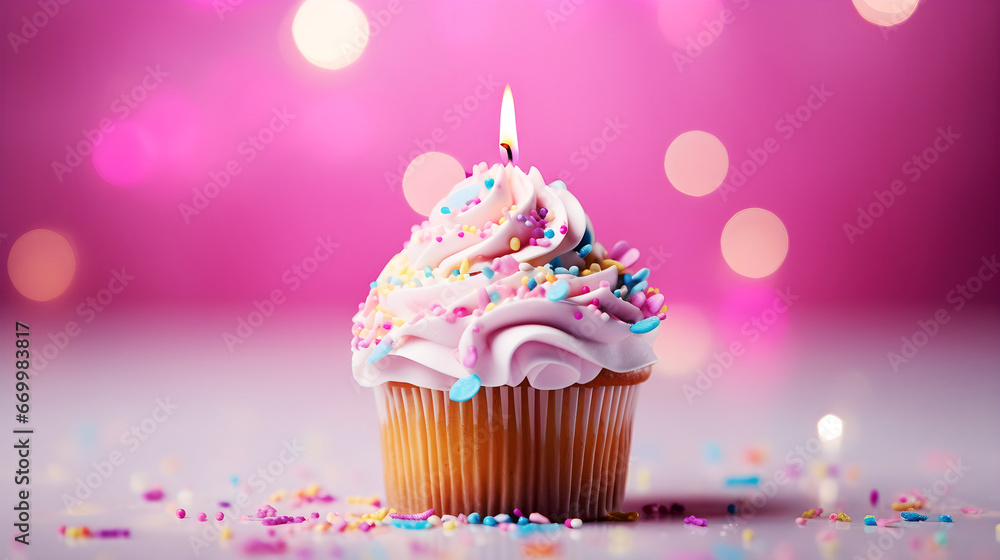 Pink creamy cupcake with sprinkles and a candle, front view, still life