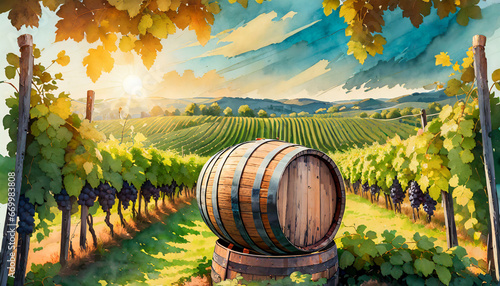 ai generated ai generative vintage vineyard wine barrel industry with wine grape field nature outdoor plant graphic art