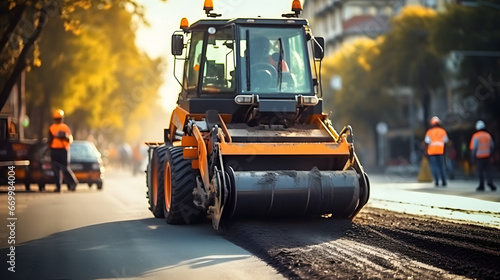 A paver finisher, asphalt finisher or paving machine placing a layer of asphalt during a repaving construction project timelapse photo