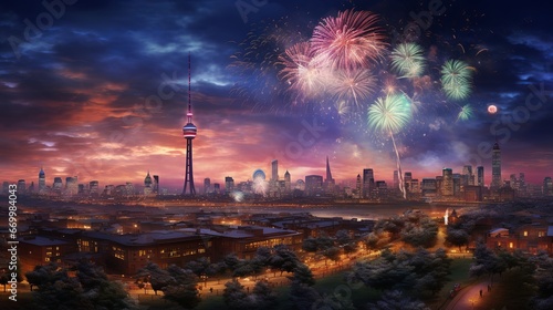 New Year Eve Firworks with Skyline