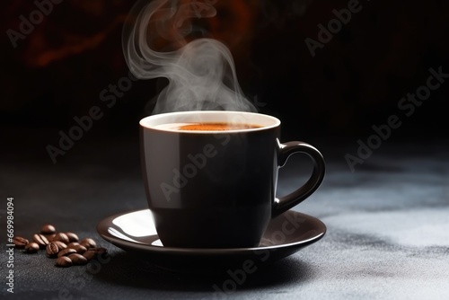 close-up shot of steaming black coffee in a ceramic mug