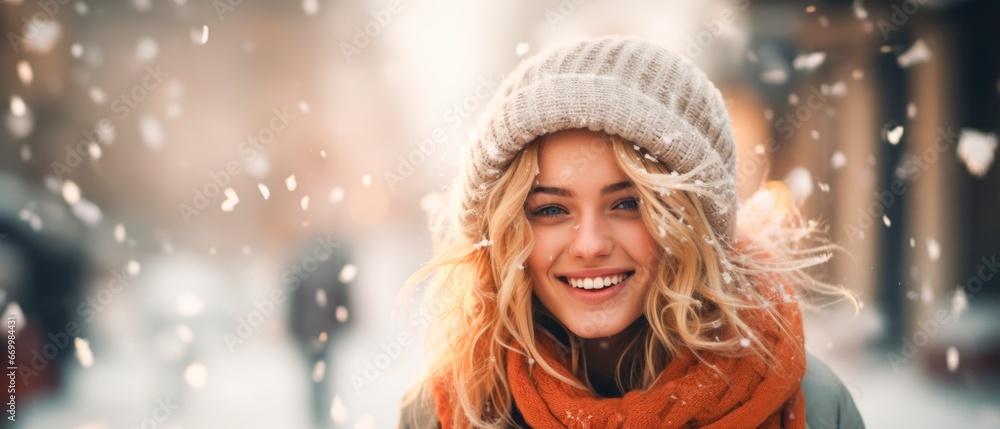 smiling blonde women winter portrait in hat and scarf  in the snow, copy space for text - obrazy, fototapety, plakaty 