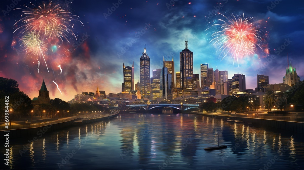 New Year Eve Fireworks with Skyline