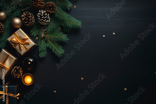 a luxury christmas border with christmas brance  gifts  pine tree leaf  little lamps decoration  dark premium metal background for flat lay  generative ai