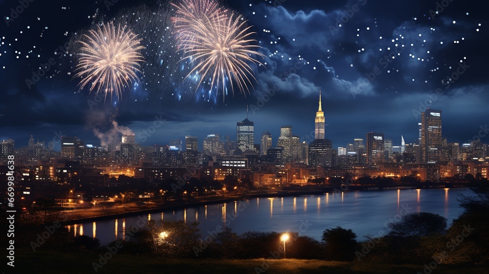 New Year Eve Fireworks with Skyline