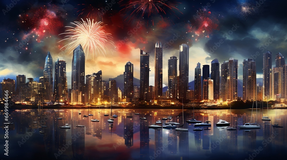 New Year Eve Fireworks with Skyline New Year Eve Fireworks with Skyline