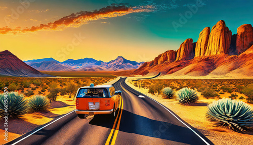 ai generated ai generative united states usa america nevada california arizona desert highway road trip travel wild vacation adventure by car graphic art photo