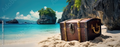 treasure chest on tropical paradise beach landscape