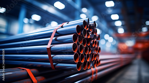 a stack of steel pipes in a warehouse or factory with a blurry background photo