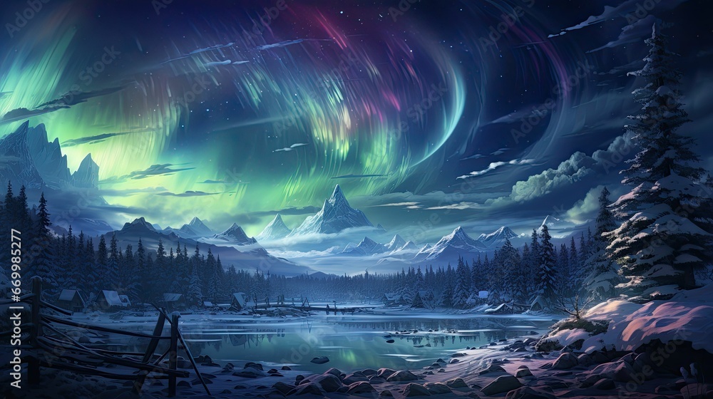  magical Christmas landscape illustration of a snow 