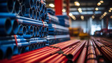 a stack of steel pipes in a warehouse or factory with a blurry background