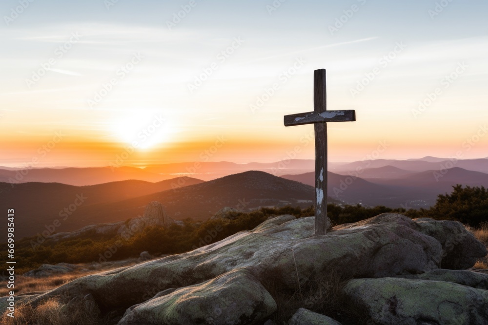 christian cross on top of a mountain with sunrise in background