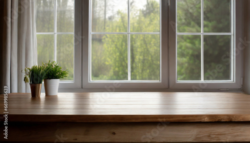 empty wooden table near the window with a view of blurred the trees outside the room background high quality photo © Nichole