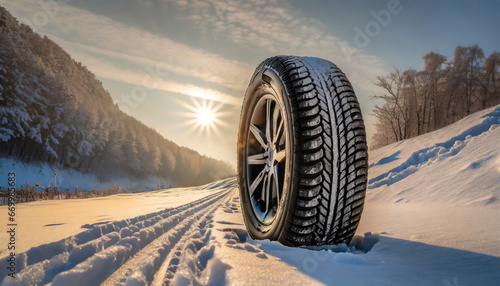 winter tire with detail of car tires in winter snowy season on the road covered with snow and morning sun light