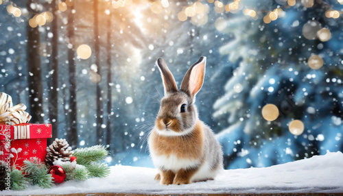 cute rabbit or hare against snowy winter forest background holiday christmas and new year greeting card concept