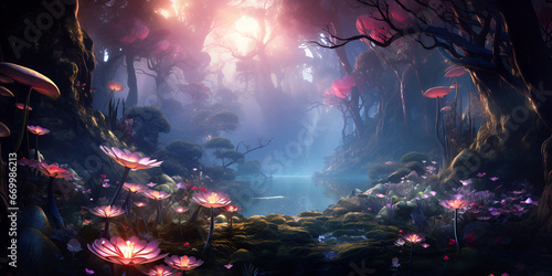 Dark World Tree and Discover a Captivating Masterpiece Venture Book Cover Magic Forest Beauty Nature Flowers Plants Trees Neon Lights Colorful Digital with pink flowers Ai Generative