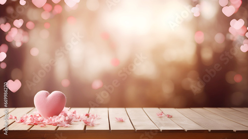 Wooden table with hearts and defocused bokeh hearts and rounds in pink and red colors, template with heart symbols, a mockup scene for Valentine's Day, anniversaries, and other heartfelt occasions. photo