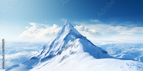 A Majestic Mountain Peak With Snowy Terrain Soft Clouds And Sun Kissed Blue Sky Background mountain peak is high and sky background image Ai Generative