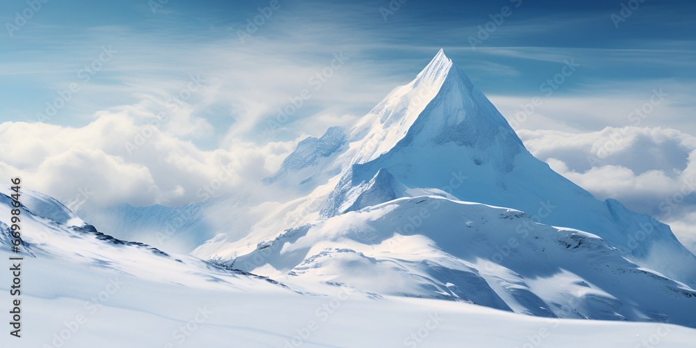 A majestic snow covered mountain Snowy Steppe At The Mountains Slush Mountain Travel Photo Background Majestic Mountain Peak With Snowy Terrain Soft Clouds with sky background Ai Generative