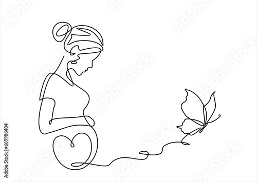 Continuous line drawing of a pregnant woman with butterfly. One line drawing of a pregnant woman. Pregnant belly with heart and butterfly. Minimalist contour illustration of a happy mother.