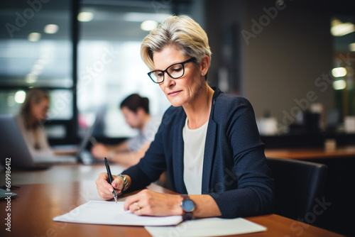 Mature caucasian businesswoman writing a note while in a meeting with coworkers around a table at work