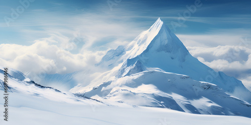 A majestic snow covered mountain Snowy Steppe At The Mountains Slush Mountain Travel Photo Background Majestic Mountain Peak With Snowy Terrain Soft Clouds with sky background Ai Generative © Hafiz