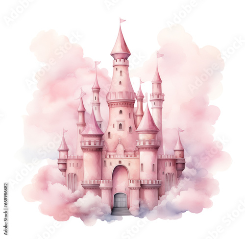 Watercolor pink castle. Generative AI, png image.