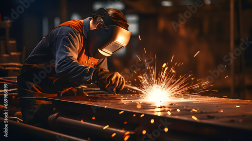 worker is marking a point for welding photo