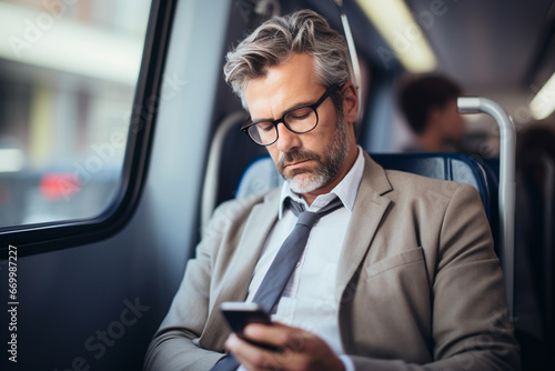 Mature tired businessman with heaphones and smartphone travelling by bus in city © alisaaa