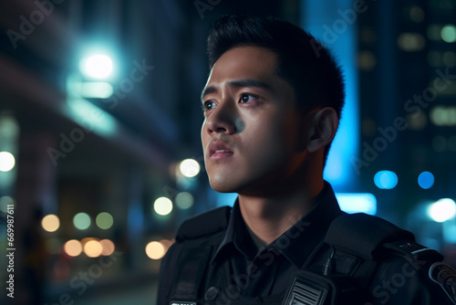 Medium Shot: Portrait of a Young Asian Male Police Officer Looking Away then Turning to camera Under Siren Lights, Brave Officer of the Law, Keeping Citizens and Civilians Safe, Fighting Crime