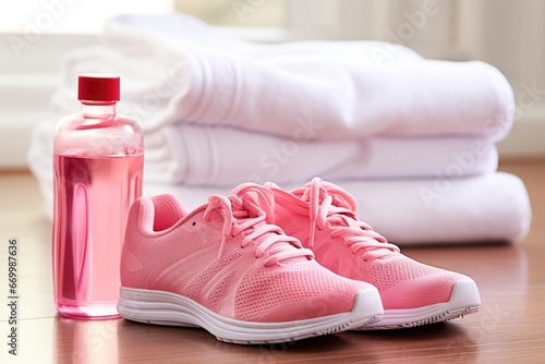 dance sneakers next to a water bottle and towel