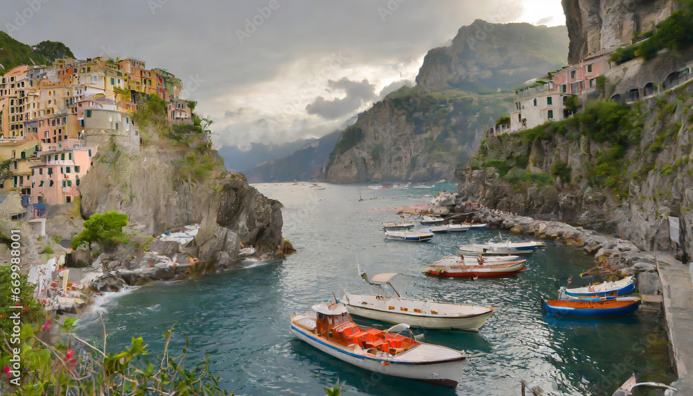 rocky shores and steep cliffs of the amalfi coast with traditional italian boats