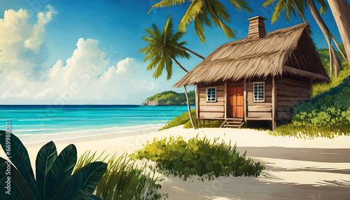 ai generated ai generative tropical exotic paradise coast beach island sea ocean vacation with old wood house graphic art © Nichole